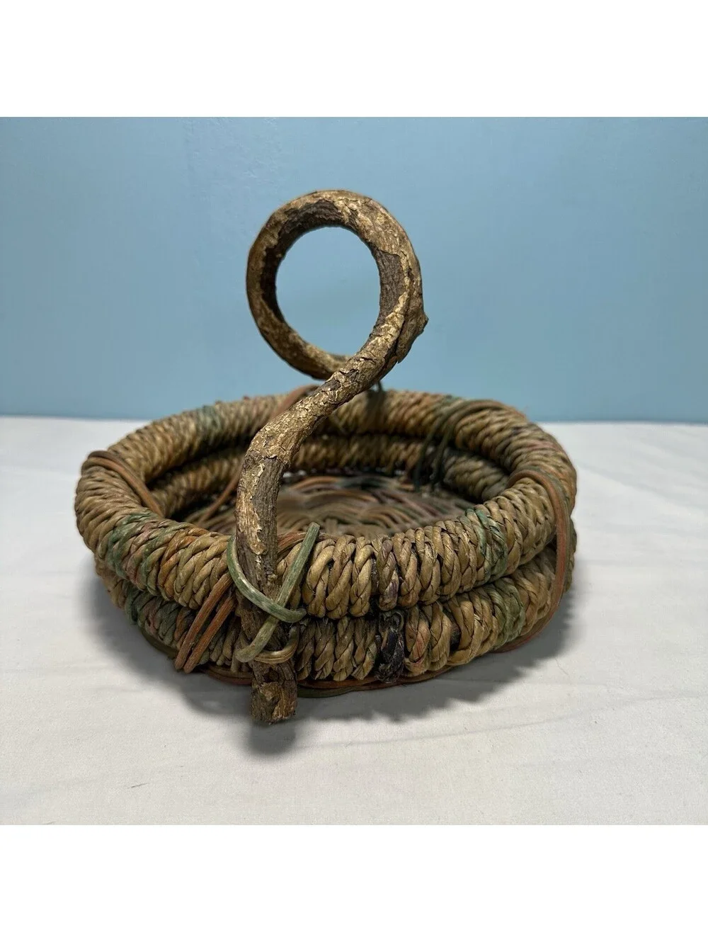 Vintage Rustic Twig Handle Woven Basket Boho Gathering Vine Handle Coil Wicker